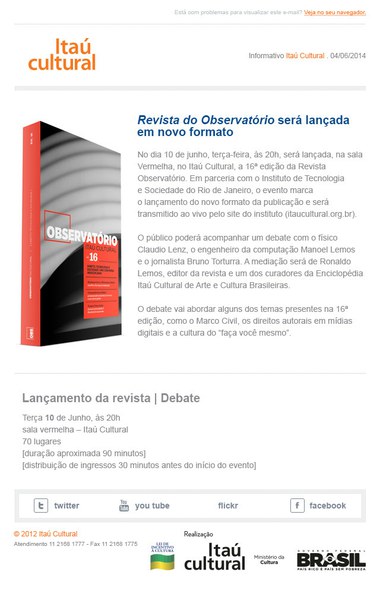 Itaú Cultural: Revista Observatório será lançada em novo formato