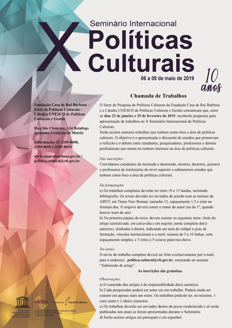 CHAMADA DE TRABALHOS - X Seminário Internacional Políticas Culturais - 2019