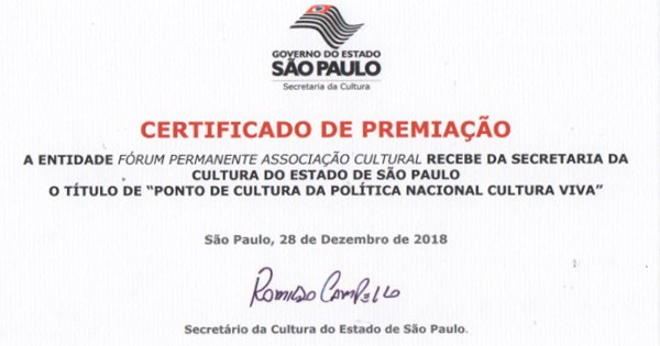 Fórum Permanente  agora é PONTO DE CULTURA e recebe prêmio pela trajetória  - MinC e Secretaria Estadual de Cultura de São Paulo