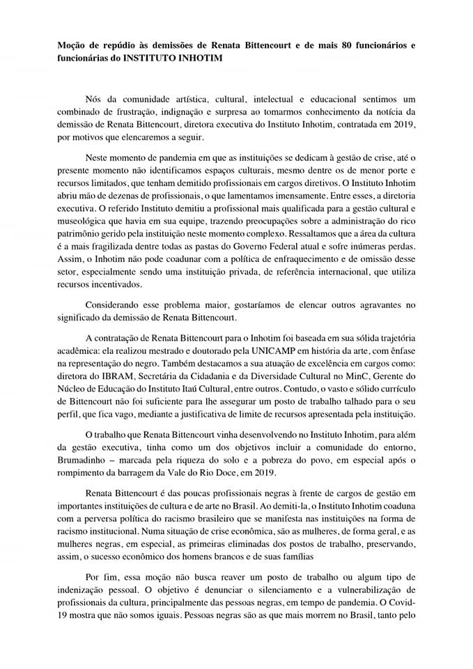 Moção de repúdio às demissões de Renata Bittencourt e de mais 80 funcionários e funcionárias do Instiuto Inhotim