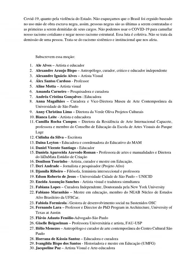 Moção de repúdio às demissões de Renata Bittencourt e de mais 80 funcionários e funcionárias do Instiuto Inhotim