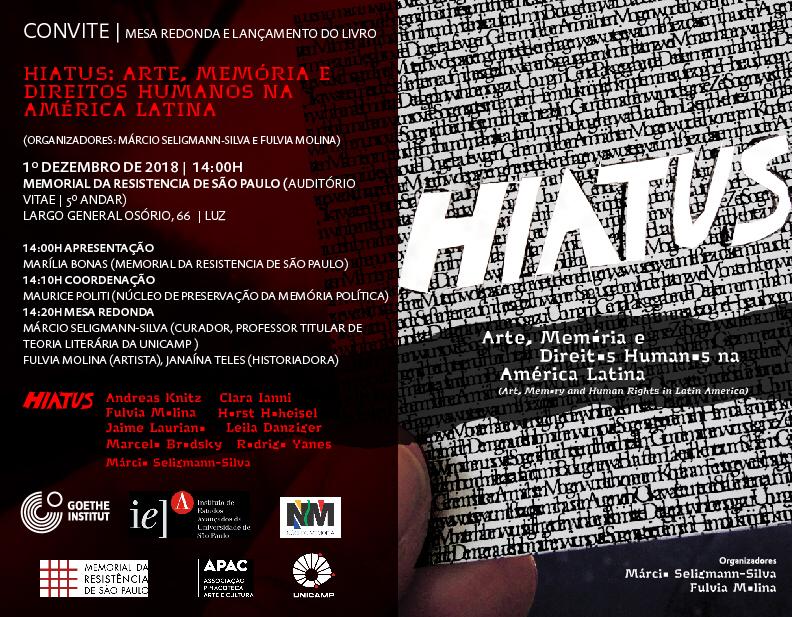 CONVITE: Mesa-redonda e lançamento de livro: HIATUS - ARTE, MEMÓRIA E DIREITOS HUMANOS NA AMÉRICA LATINA