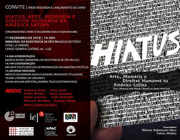 CONVITE: Mesa-redonda e lançamento de livro: HIATUS - ARTE, MEMÓRIA E DIREITOS HUMANOS NA AMÉRICA LATINA