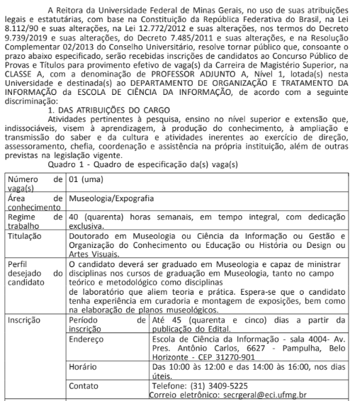 Edital concurso professor Museologia - UFMG