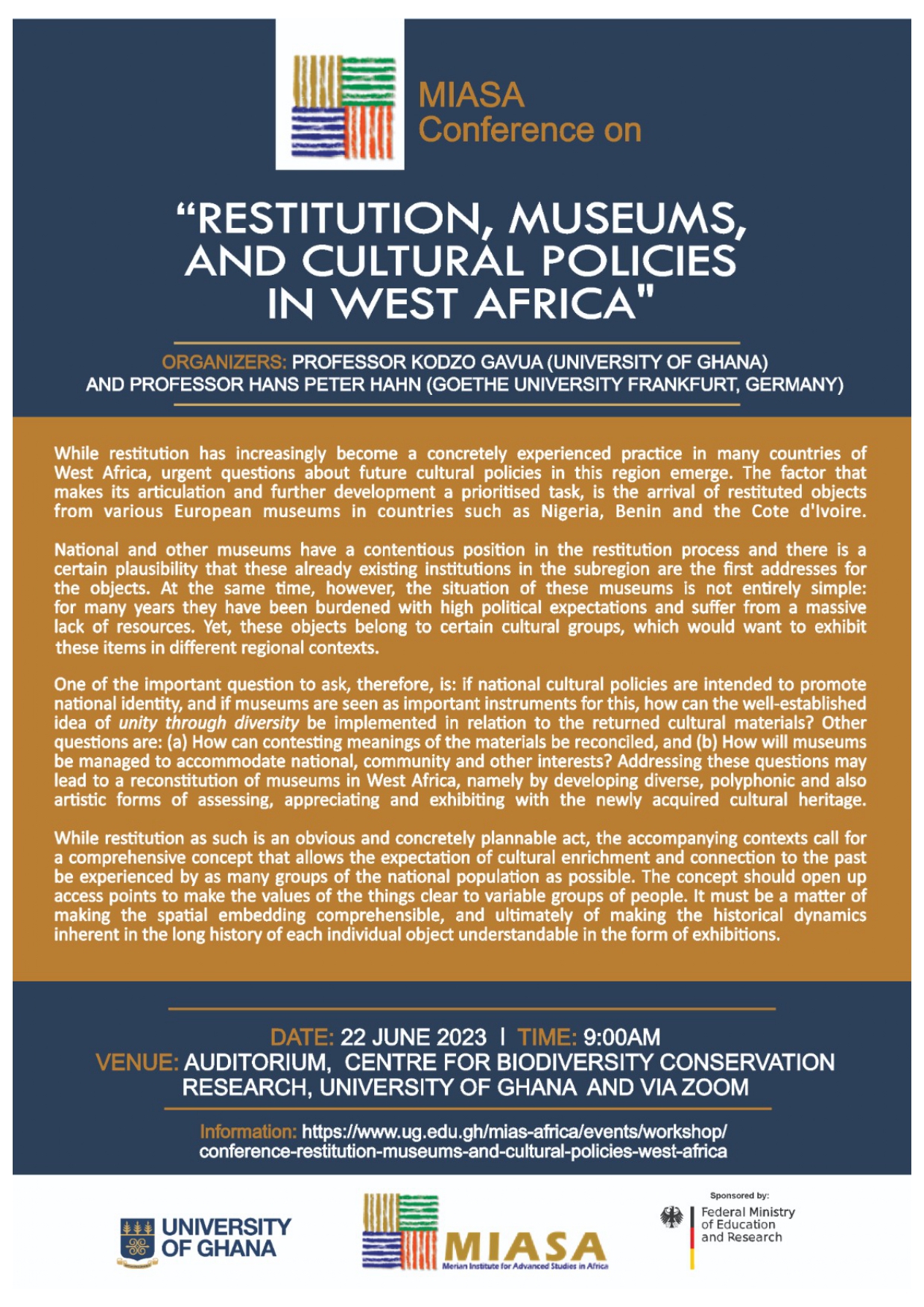 Restitution, Museums and Cultural Policies in West Africa": Invitation to MIASA Conference on 22 June 2023 at the University of Ghana