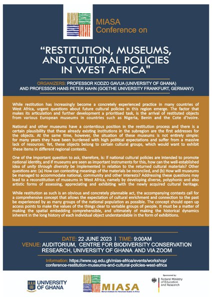 Restitution, Museums and Cultural Policies in West Africa": Invitation to MIASA Conference on 22 June 2023 at the University of Ghana