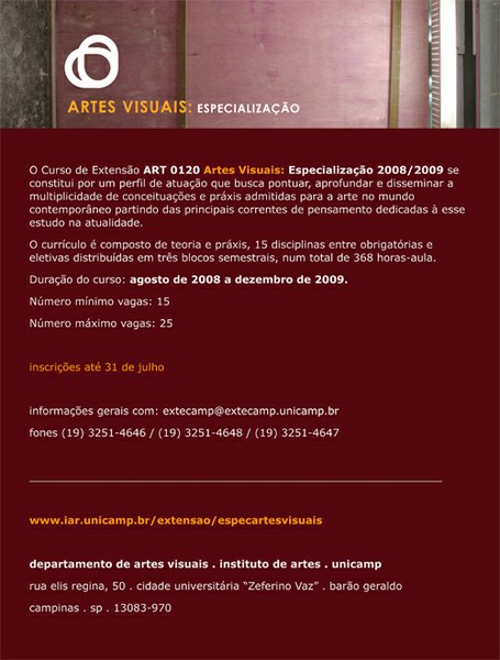 CURSO DE ESPECIALIZAÇÃO EM ARTES VISUAIS/ART0120- ESCOLA DE EXTENSÃO-UNICAMP/CAMPINAS