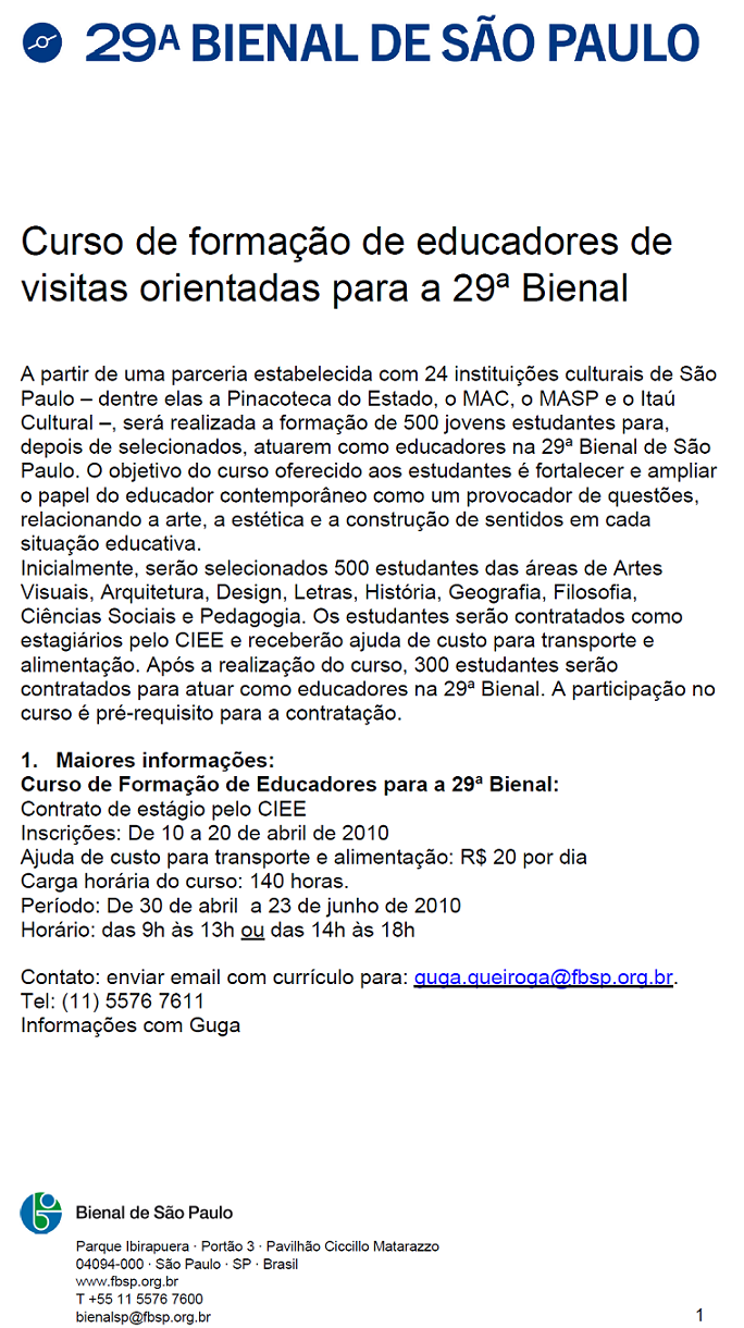 Curso de formação de educadores de visitas orientadas para a 29ª Bienal